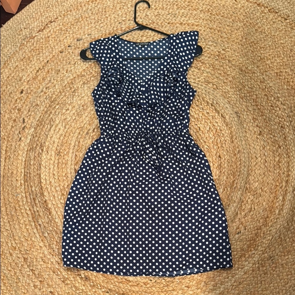 Navy and White Polka Dot Sleeveless Dress with Frilly Collar and Pockets